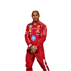 Lewis Hamilton standing confidently in the 2025 Ferrari F1 racing suit, featuring sleek red and black colors and a professional racing look.