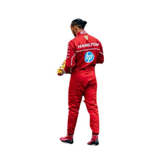 Rear view of Lewis Hamilton 2025 F1 racing suit featuring precise stitching and bold Ferrari red and black accents, built for performance.