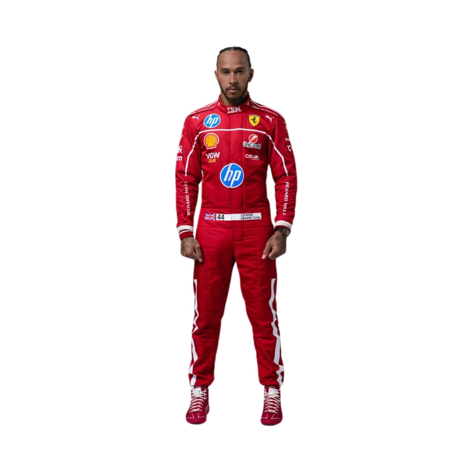 Front view of Lewis Hamilton 2025 F1 racing suit in red and black, designed for performance with fire-resistant and breathable fabric.