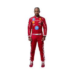Front view of Lewis Hamilton 2025 F1 racing suit in red and black, designed for performance with fire-resistant and breathable fabric.