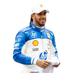 Detailed close-up of the Lewis Hamilton Miami GP 2025 f1 racing suit materials, including high-contrast stitching, driver name embroidery, and premium patches tailored for Hamilton-Bestracewear