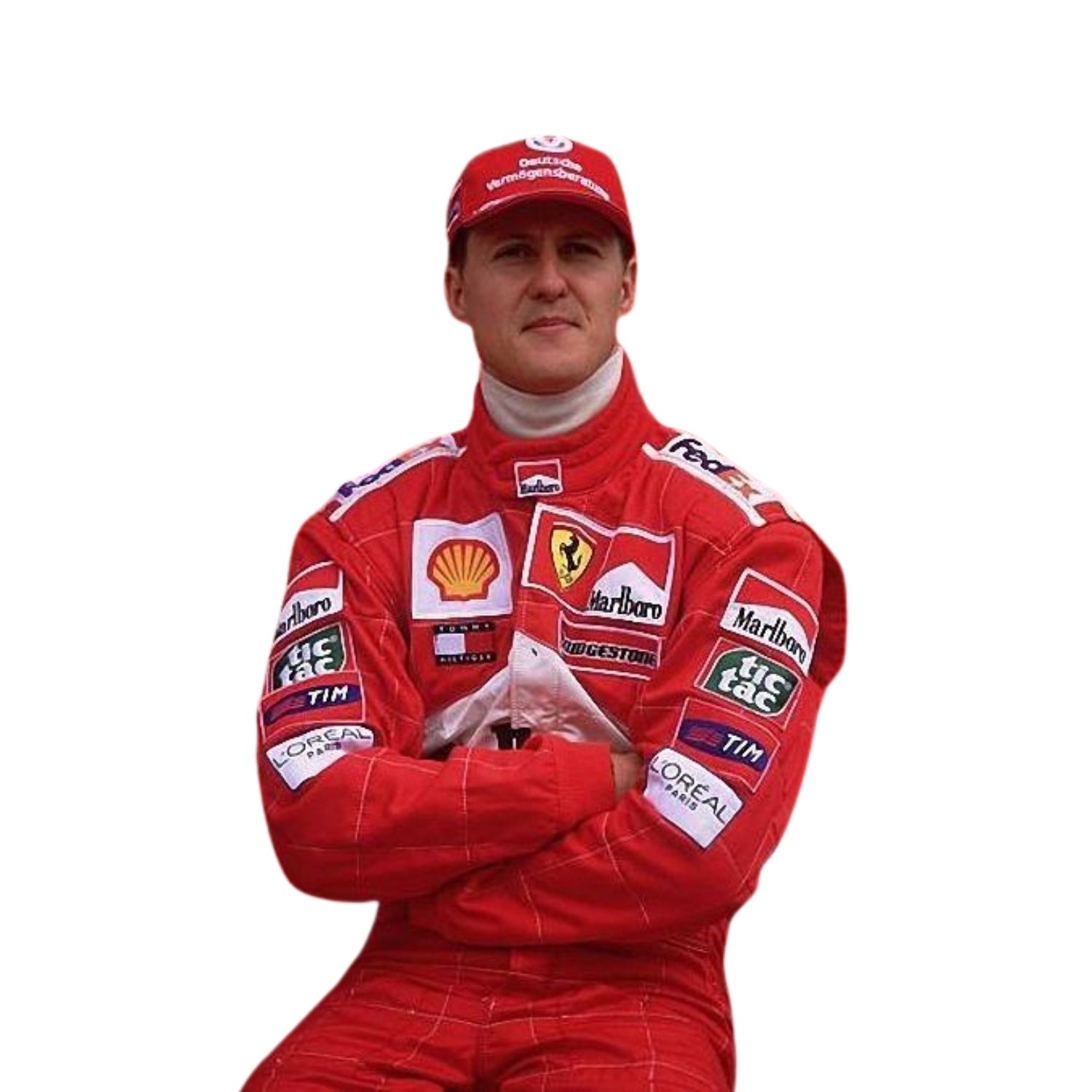 Close-up shot of Schumacher’s 2002 F1 race suit, focusing on the clean stitching, red fabric, and sponsor logos that helped define his historic year.Bestracewear