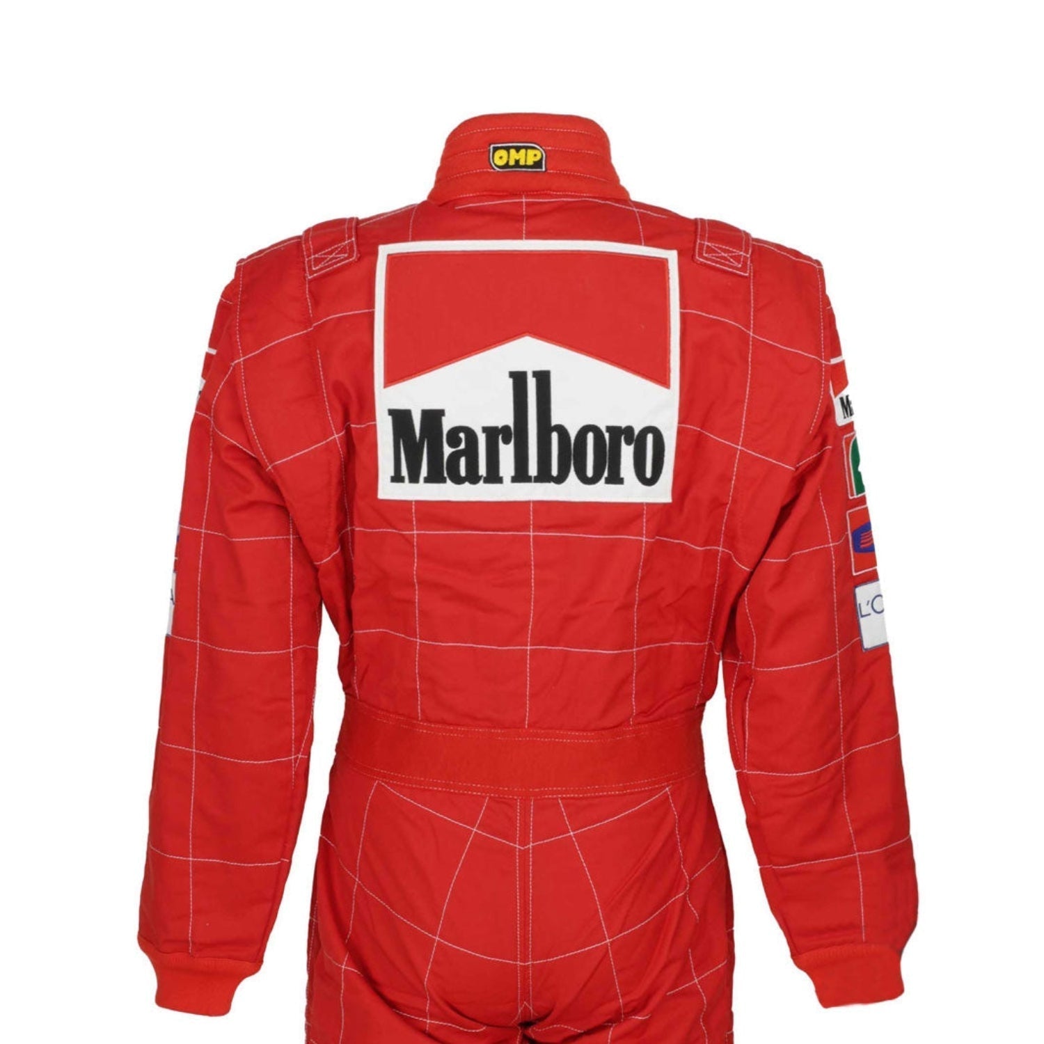 Back view of Schumacher’s 2002 F1 race suit, showcasing red with prominent white details and carefully placed sponsor logos from his record-breaking season-Bestracewear