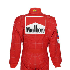Back view of Schumacher’s 2002 F1 race suit, showcasing red with prominent white details and carefully placed sponsor logos from his record-breaking season-Bestracewear