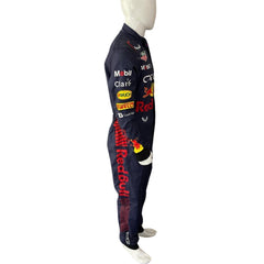 Side angle showing Verstappen’s navy blue race suit with dynamic red accents along the torso and yellow detailing around the sleeves.Bestracewear