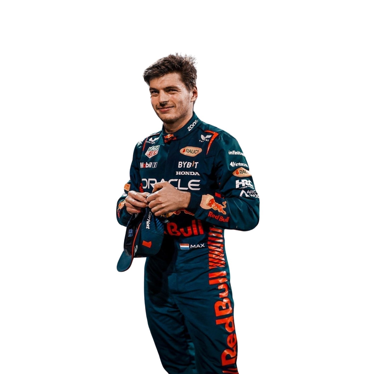Detailed shot of Verstappen’s suit texture showing high-performance fabric with fine stitching and vivid yellow logo accents on navy.Bestracewear