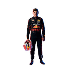 Max Verstappen's 2023 F1 racing suit in deep navy blue with bold red side panels, yellow trim, and partner branding across the chest and legs. Bestracewear