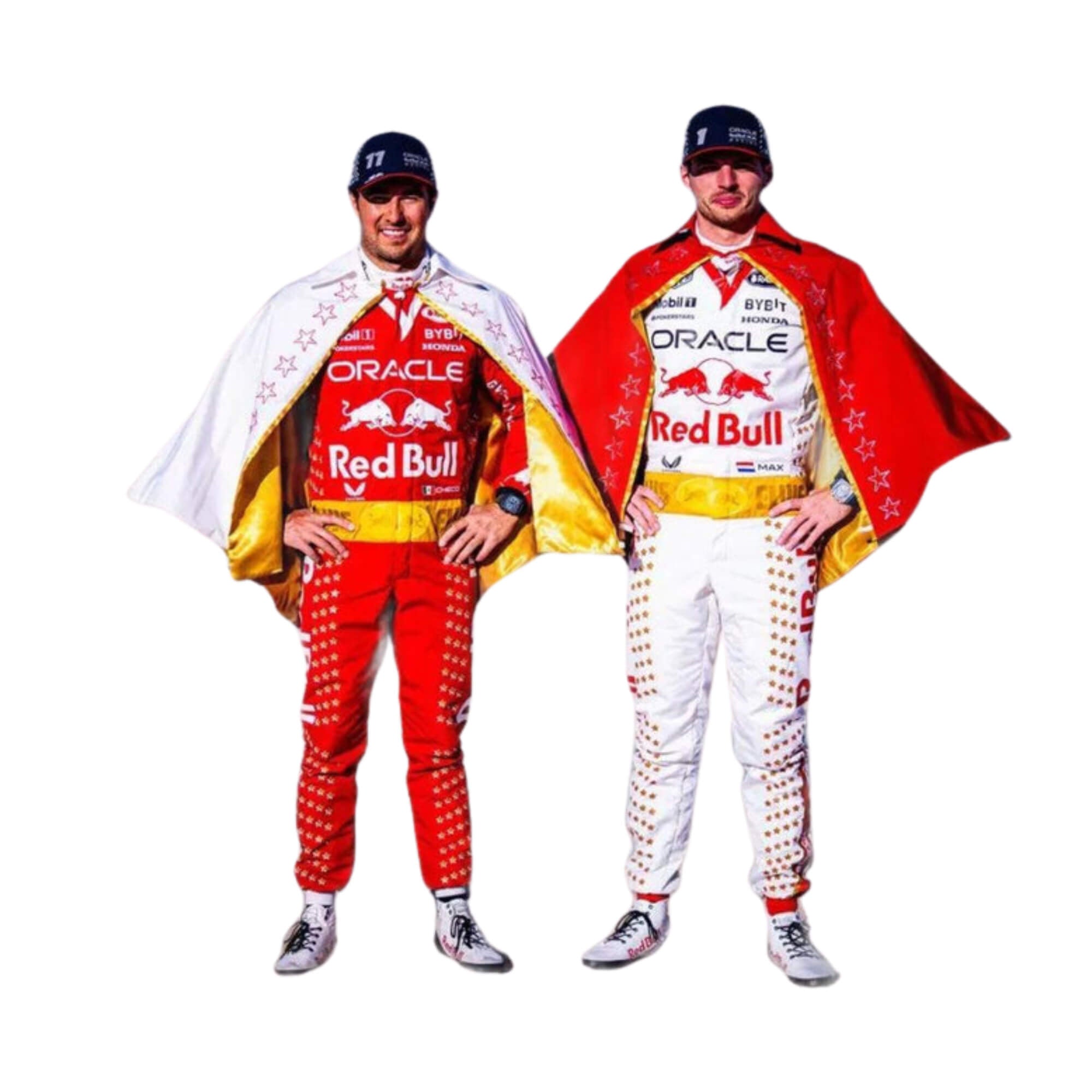 Max Verstappen in the 2023 Las Vegas GP racing suit featuring a crisp white base with gold star embellishments, red accents, and a signature Elvis-style belt.Bestracewear