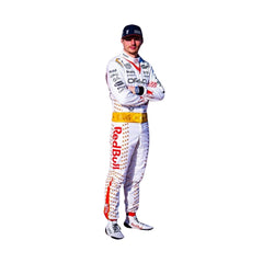 Side profile showcasing the tailored fit of Verstappen's white suit, adorned with shimmering gold stars along the sleeves and red detailing on the sides.Bestracewear