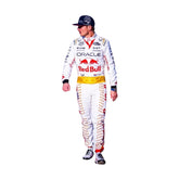 Max Verstappen in the 2023 Las Vegas GP racing suit featuring a crisp white base with gold star embellishments, red accents, and a signature Elvis-style belt.Bestracewear