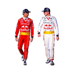 Max Verstappen in the 2023 Las Vegas GP f1 racing suit featuring a crisp white base with gold star embellishments, red accents, and a signature Elvis-style belt.Bestracewear