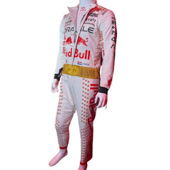 Max Verstappen in the 2023 Las Vegas GP racing suit featuring a crisp white base with gold star embellishments, red accents, and a signature Elvis-style belt. Bestracewear