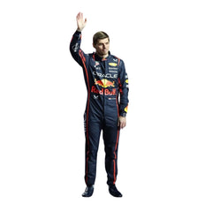 Front view of Max Verstappen 2025 F1 racing suit waving at the audience in blue, red, and yellow with ergonomic fit and fire-resistant, breathable fabric.