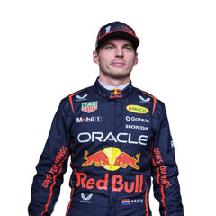 Close-up Front view of the fire-resistant, lightweight fabric of Max Verstappen 2025 F1 racing suit, emphasizing its breathable texture and durable finish.