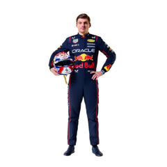 Front view of Max Verstappen 2025 holding helmet in F1 racing suit in Red Bull blue, red, and yellow with ergonomic fit