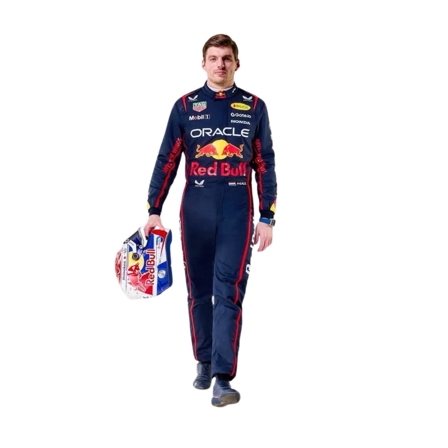 Max Verstappen standing in the 2025 F1 racing suit, showcasing the sleek design and vibrant blue, red, and yellow color scheme.