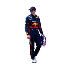 Side profile of Max Verstappen 2025 F1 racing suit showcasing a sleek design, durable material, and signature color scheme.