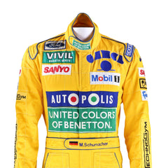 Close-up of the embroidered logos, stitching details, and breathable fabric textures from Michael Schumacher’s 1992 Benetton F1 race suit.Bestracewear