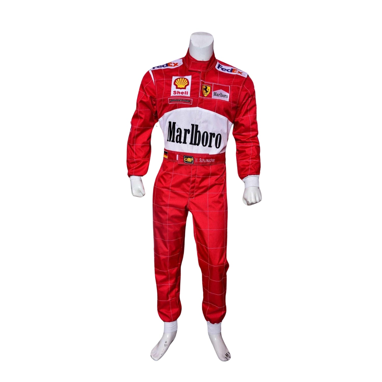 Front view of Michael Schumacher’s 2000 F1 race suit, featuring Ferrari red with white accents and sponsor logos that define his first world championship with the team.Bestracewear