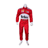 Front view of Michael Schumacher’s 2000 F1 race suit, featuring Ferrari red with white accents and sponsor logos that define his first world championship with the team.Bestracewear