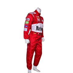 Side profile of Schumacher’s 2000 racing suit, displaying Ferrari red and clean white stripes along the torso with sponsor logos from his dominant 2000 season.Bestracewear