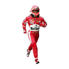 Front view of Michael Schumacher’s 2005 F1 racing suit in signature Ferrari red, with intricate white embroidery and sponsor detailing from the 2005 season-Bestracewear