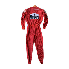 Backside of Schumacher’s 2005 Ferrari F1 suit showcasing a full red design with bold white stitched logos and commemorative embroidery -marks-Bestracewear