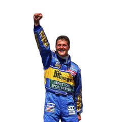 Close-up shot of Schumacher’s 1995 race suit, displaying detailed stitching, blue-green paneling, and the iconic yellow Bitburger logo placement.Bestracewear
