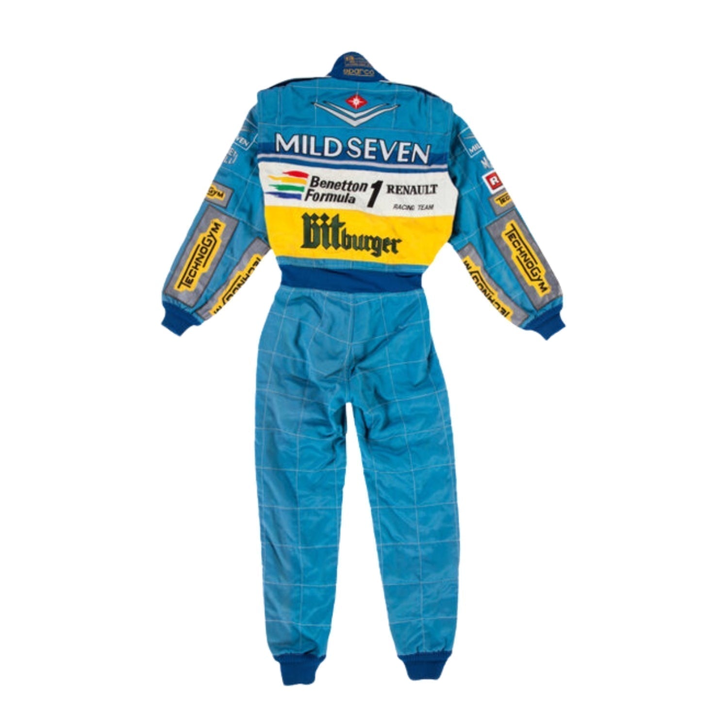 Backside of Schumacher’s 1995 racing suit, showcasing a green-dominated rear panel with blue sleeves and prominent yellow sponsor branding. Bestracewear