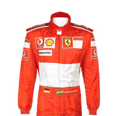Close-up shot of Schumacher’s 2006 race suit, highlighting the detailed stitching, premium red material, and signature white branding elements.Bestracewear