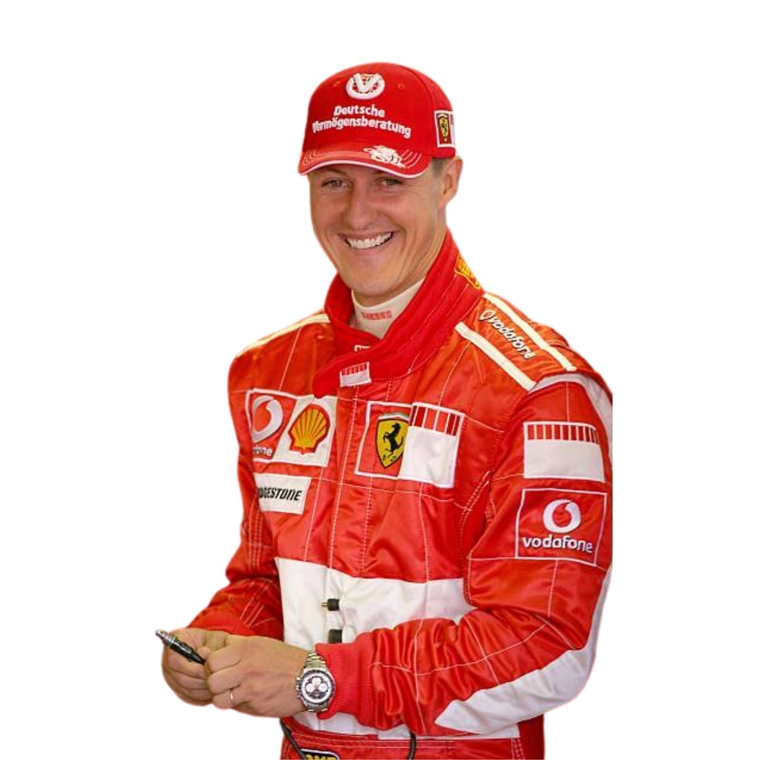Side profile of the 2006 F1 suit worn by Michael Schumacher, featuring bright red fabric with sleek contouring and high-visibility white accents.Bestracewear
