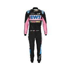 Front view of Esteban Ocon's 2024 F1 racing suit in black with pink and blue accents, showcasing a modern design with sponsor logos.