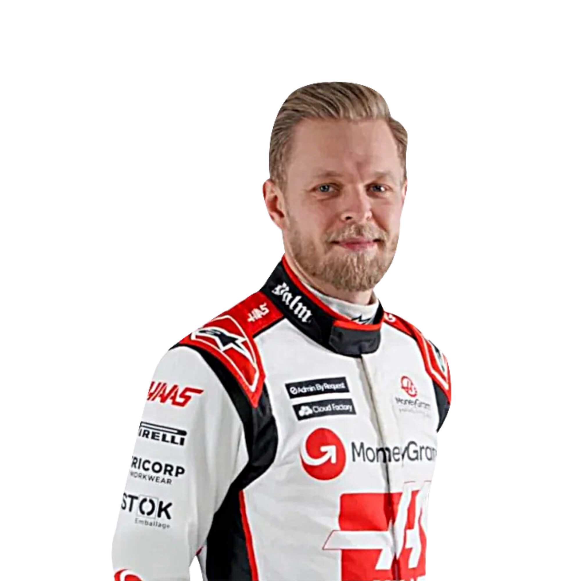 Side profile of 2023 Kevin Magnussen F1 racing suit from bestracewear highlighting the ergonomic fit and high-performance fabric with a bold color combination of black, white, and red.