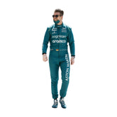 Front view of Nico Hülkenberg's 2022 Saudi Arabian GP F1 racing suit in British racing green with lime accents, highlighting the ergonomic design