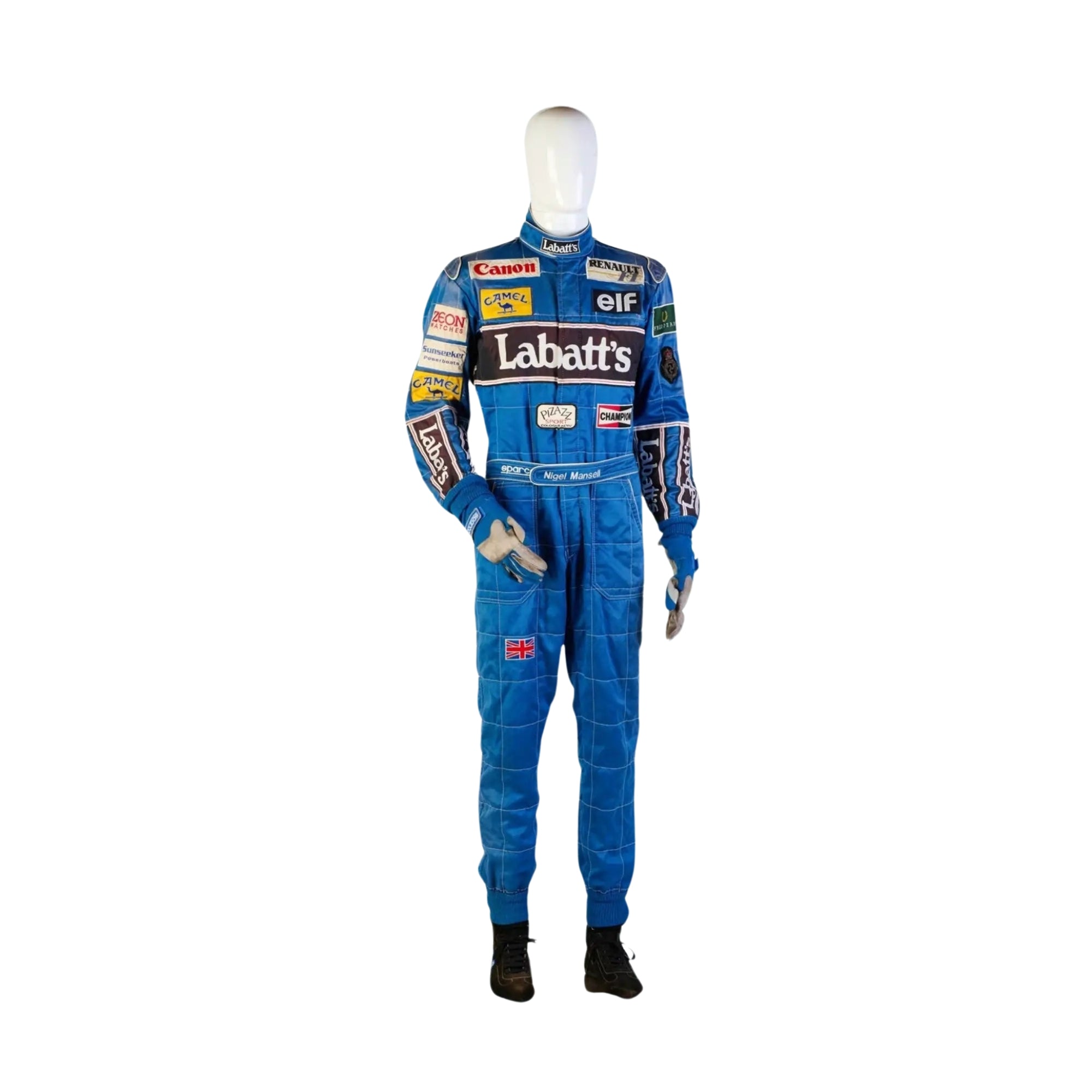 Front view of Nigel Mansell’s 1992 Formula 1 racing suit, featuring a vibrant blue base with red and white detailing, iconic sponsor logos, and a bold chest panel_bestracewear