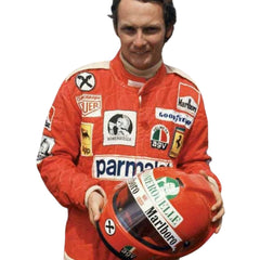 Close-up of Niki Lauda’s 1976 racing suit detailing, capturing the fine craftsmanship of Ferrari’s design and the sponsor logos, a testament to his legendary comeback.
