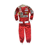 Front view of Niki Lauda’s 1976 F1 racing suit, featuring Ferrari's classic red color with sponsor logos, worn during his legendary comeback after a life-threatening crash.Bestracewear