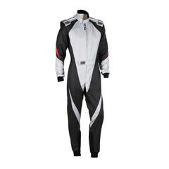 Front View of Black and white Go kart racing suit with red accents OMP Kart racing Suit -Bestracewear