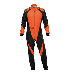 Front View of an Orange and black Kart racing suit OMP Kart Suit KS-3X - FIA 88770 Bestracewear