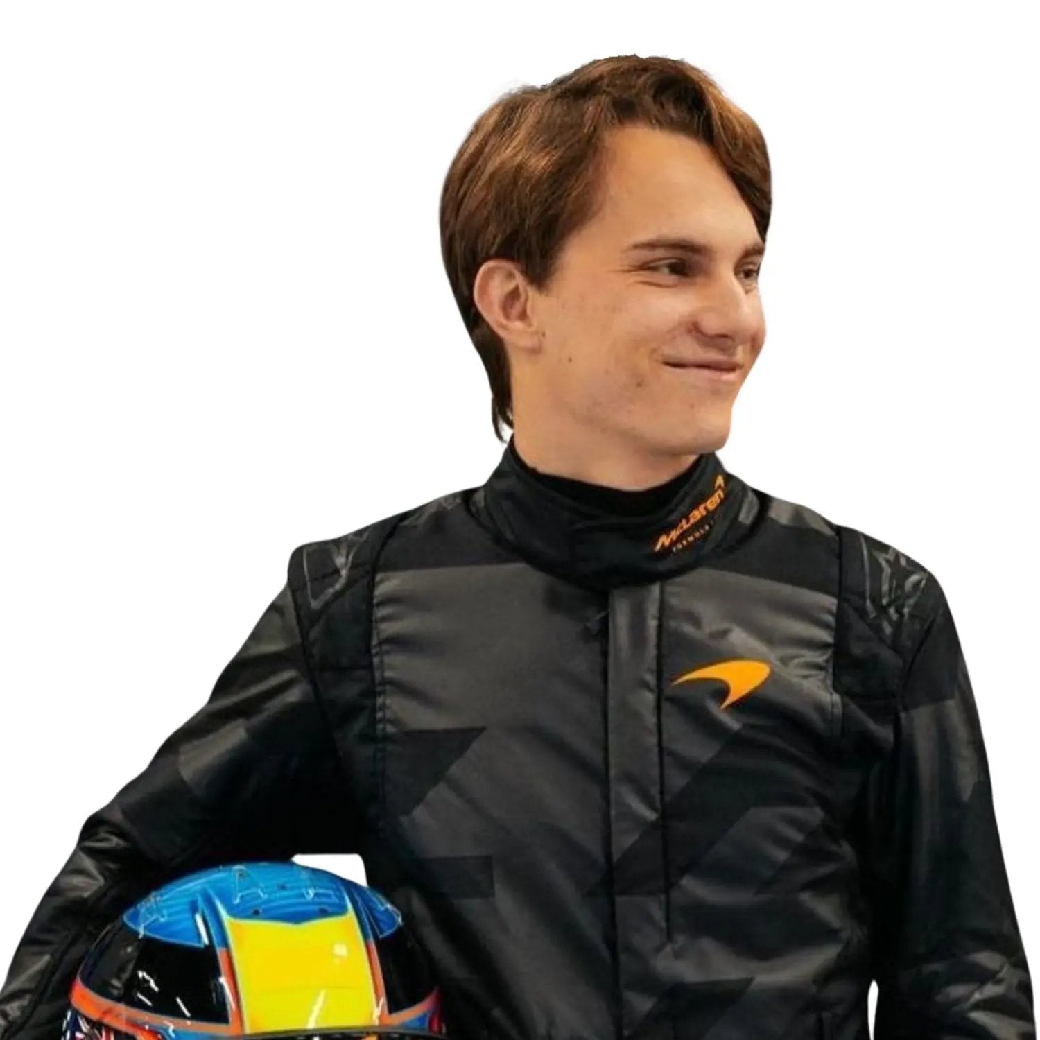 Close-up of Piastri holding custom-designed helmets — Piastri with a high-gloss blue-yellow-red helmet—contrasting the matte black suit - Best Race wear