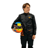 Front view of the 2025 McLaren F1 livery reveal racing costume worn by Oscar Piastri, featuring a sleek matte black base with bold orange logos and driver in neon orange - Bestracewear