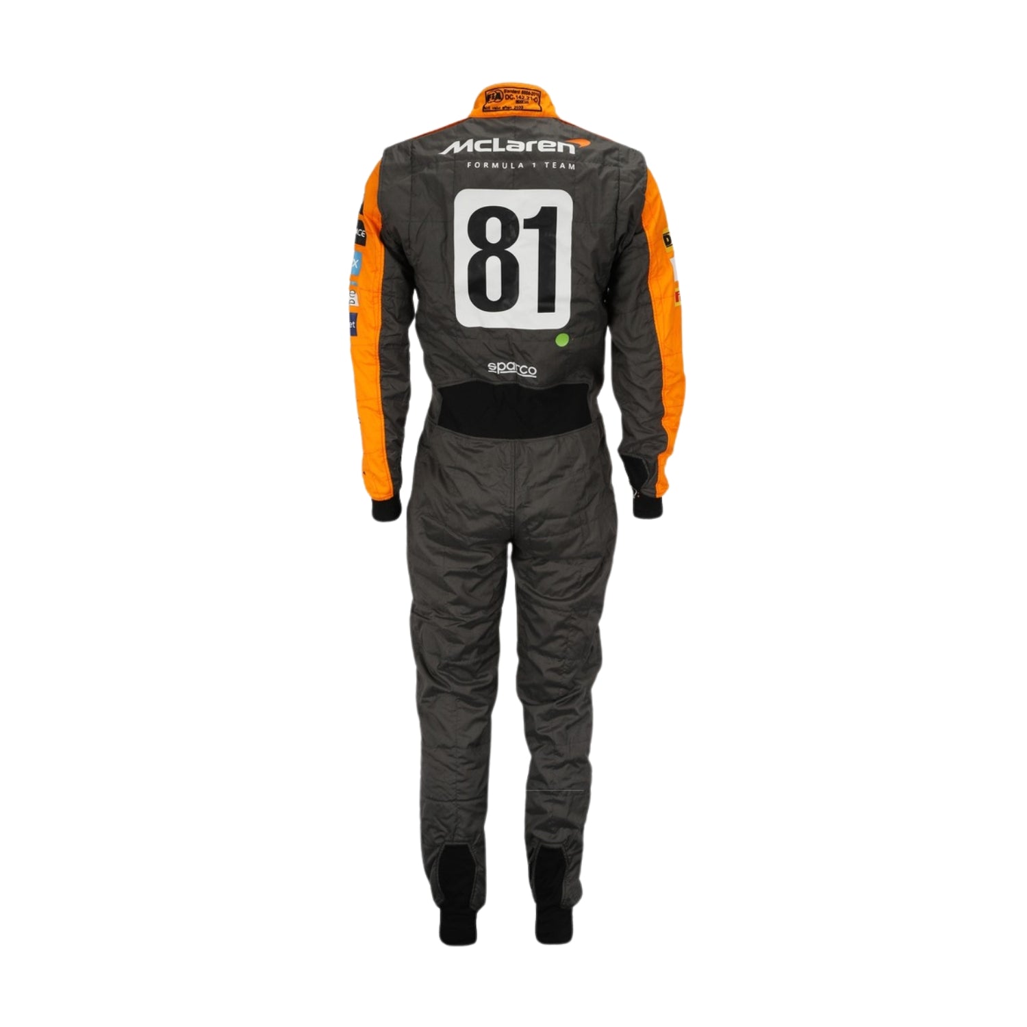 Rear view of Piastri's 2023 F1 racing suit from the Spanish Grand Prix, showcasing his name and race number with commemorative crown graphics.Bestracewear
