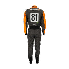 Rear view of Piastri's 2023 F1 racing suit from the Spanish Grand Prix, showcasing his name and race number with commemorative crown graphics.Bestracewear