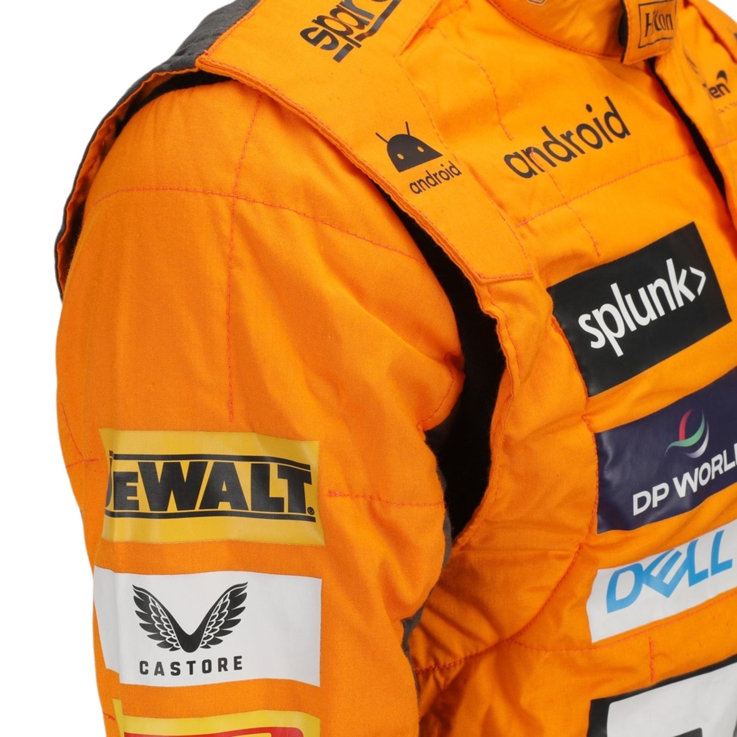 Close-up of Oscar Piastri’s 2023 Spanish GP race suit, emphasizing high-resolution logos, stitch detailing, and special edition ‘Triple Crown’ patchwork.Bestracewear