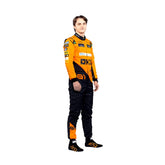 The Left side profile of Piastri's 2024 McLaren F1 racing suit, emphasizing the sharp lines and ergonomic fit, with sponsor placements on the arms and legs to ensure both visibility and flexibility during high-speed racing.