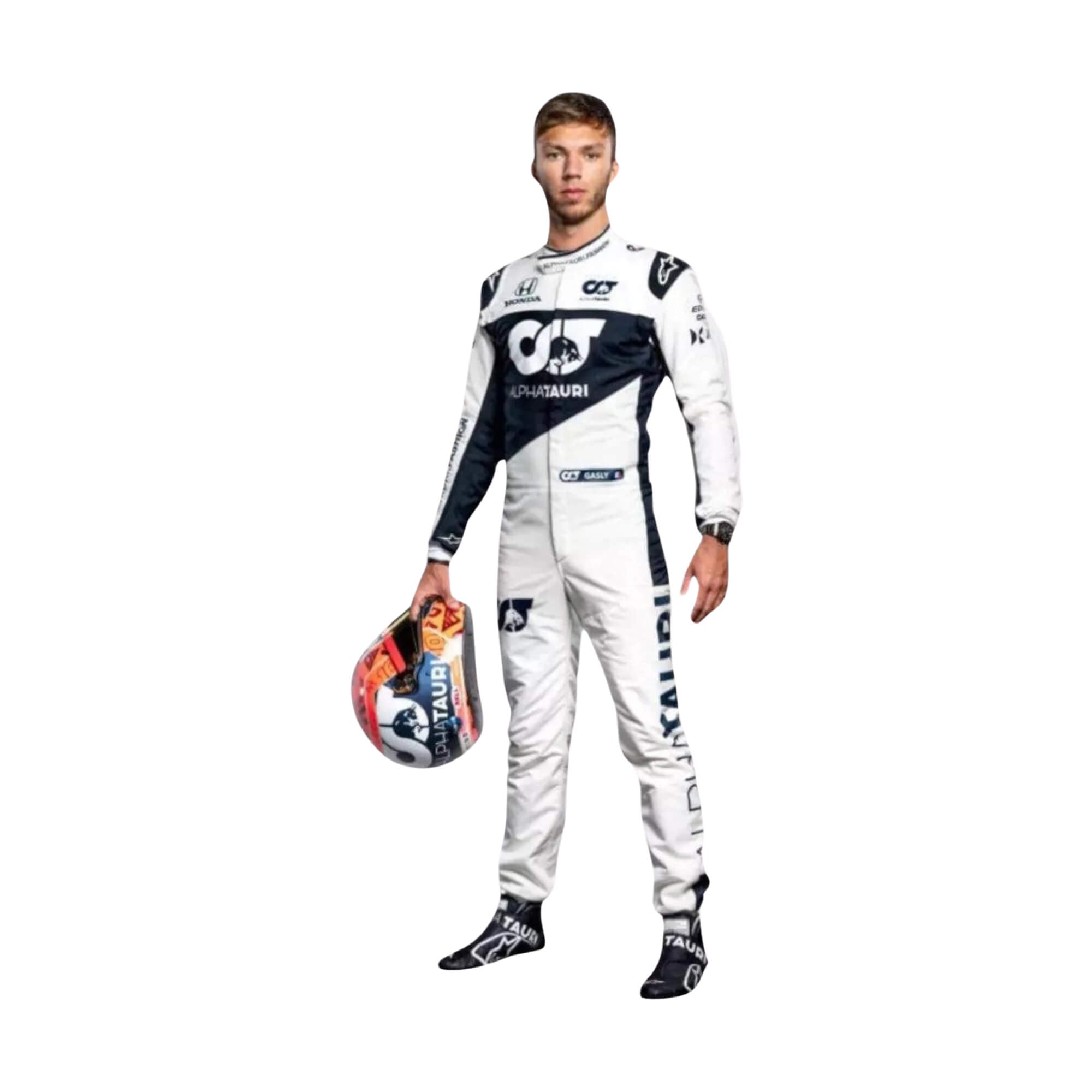 Pierre Gasly 2021 F1 racing suit front view, highlighting team logos, sponsor details, and race-specific design features-Bestracewear