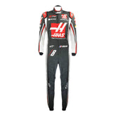 Romain Grosjean’s 2017 F1 racing suit, front view, showcasing embroidered sponsor logos, and performance-driven design tailored for racing.