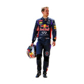 Front view of Sebastian Vettel’s 2014 F1 racing suit featuring deep blue with vibrant red and yellow accents, symbolizing energy and speed.Bestracewear