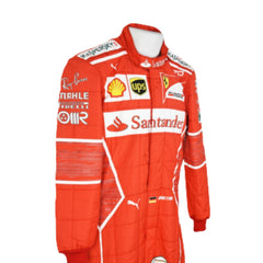 Side profile of Sebastian Vettel’s 2017 F1 racing suit, emphasizing the bold red fabric contrasted with clean white logos along the sleeves.