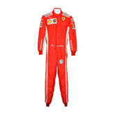 Front view of Sebastian Vettel’s 2018 F1 racing suit featuring a vibrant red color with sharp white sponsor logos, designed for top-tier performance-Bestracewear